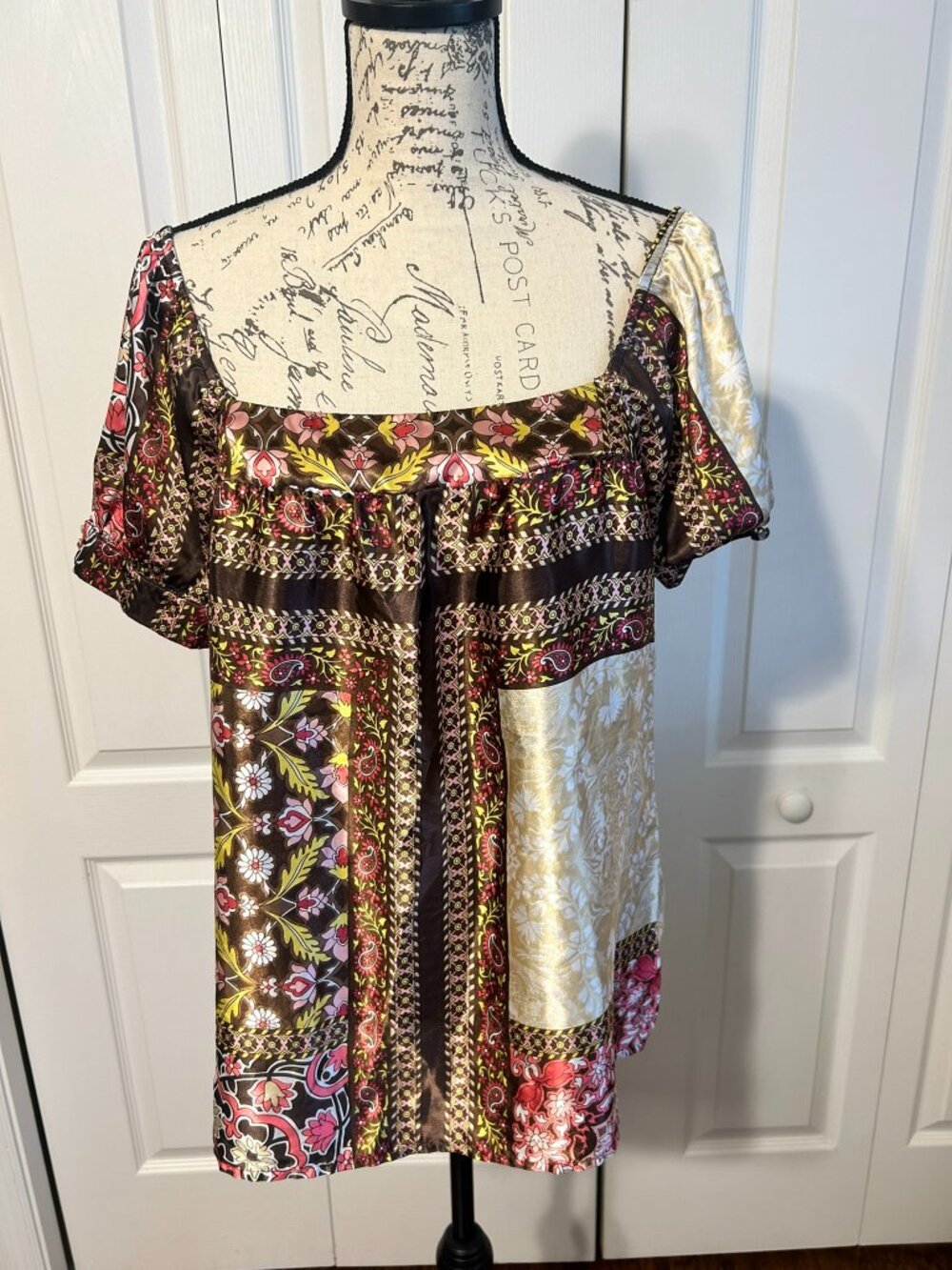 Miss Bisou Patchwork Boho Blouse Womens Large Square Neck Floral Top